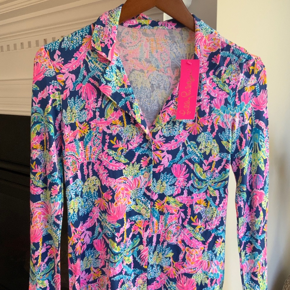 Lilly Pulitzer PJ Knit LS Button Up Top Oyster Bay Navy Seen and Herd Knit NWT